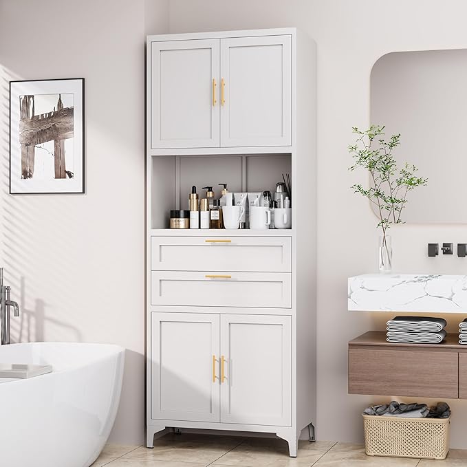 75” Tall Kitchen Pantry Storage Cabinet, Metal Bathroom Storage Cabinet with 2 Drawers and Adjustable Shelves, Kitchen Pantry Cupboard, Freestanding Cupboard for Bathroom, Living Room (White)-CasaMuseHome