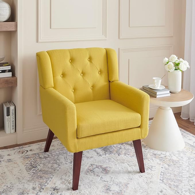 Accent Chair Button-Tufted Upholstered Living Room Chairs Comfy Reading Chair Mid Century Modern Chair with Linen Fabric Lounge Arm Chairs for Living Room Bedroom (Yellow Set of 2)-CasaMuseHome