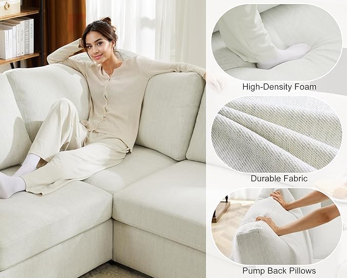 L Shaped Sectional Sofa with Ottoman,Rolled Armrest,Modern Sectional Modular Couch for Living Room,Breathable Linen Fabric Corner Couch with 7 Seats for Apartment,Removable Sofa Cushion,Ivory-CasaMuseHome
