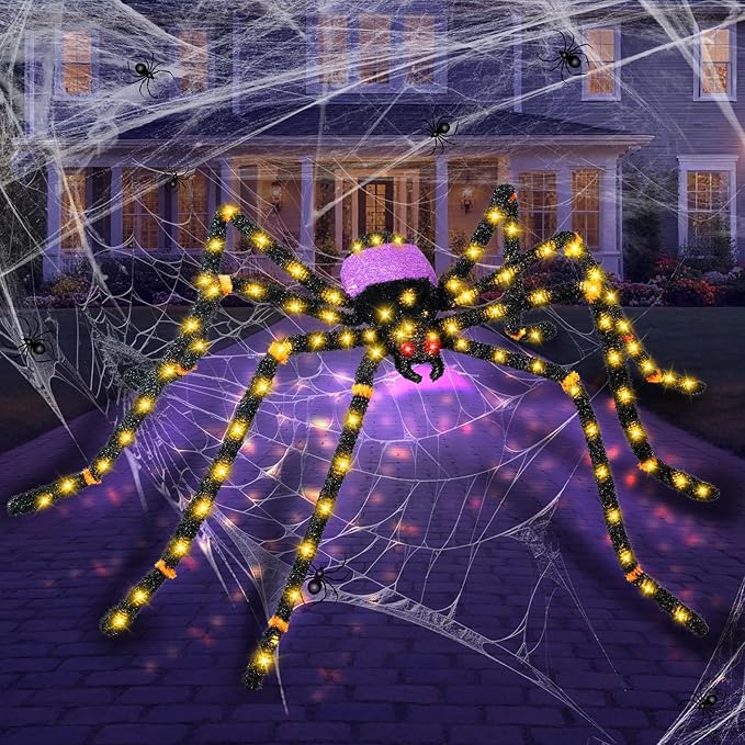 5.5FT Giant Spider Halloween Decorations with 100 LED, Plug-in Pre-Lit Light Up Scary Spider Halloween Decorations, Large Spider Decorations for Outdoor, Yard, Lawn, Exterior Walls-CasaMuseHome