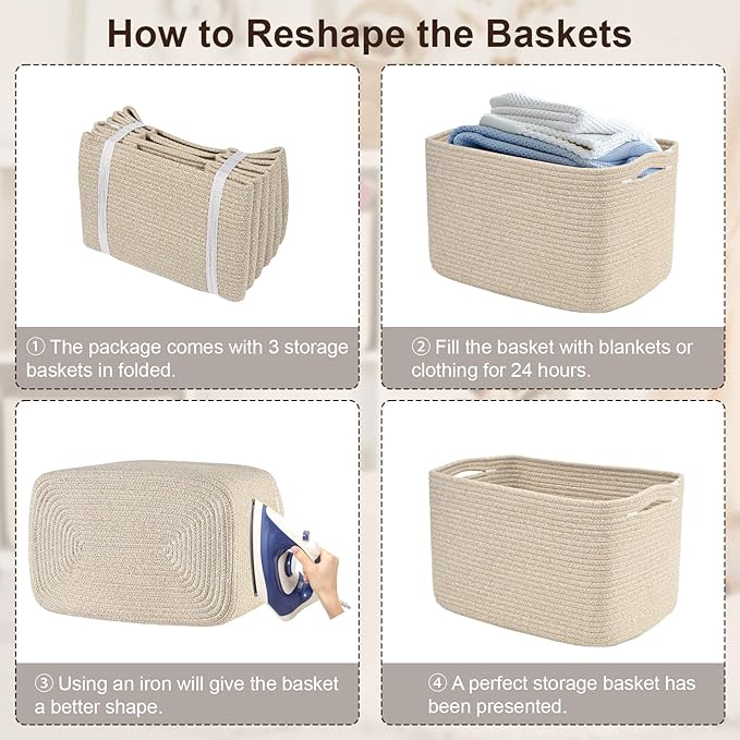 3-Pack Shelf Baskets for Organizing, Woven Storage Basket for Shelves, Cotton Rope Storage Bins for Toys Books, Nursery Towel Baskets for Classroom, 14.96"X9.8"X8.85", Brown-CasaMuseHome