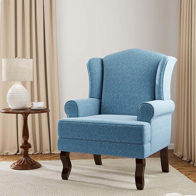 Accent Chair, High Back Upholstered Armchair with High Resilience Sponge & Wood Legs, Mid-Century Modern Comfy Single Sofa Reading Chairs for Living Room, Bedroom (Blue, Set of 2)-CasaMuseHome