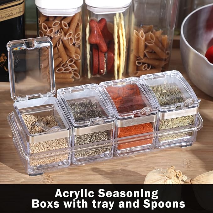 2 Set Acrylic Seasoning Organizer Box 8 Pcs Clear Seasoning Rack Spice Pots Condiments Containers with Lids and Spoons Storage Container Spice Jar for Salt Sugar Cruet Kitchen Cooking Organizer-CasaMuseHome