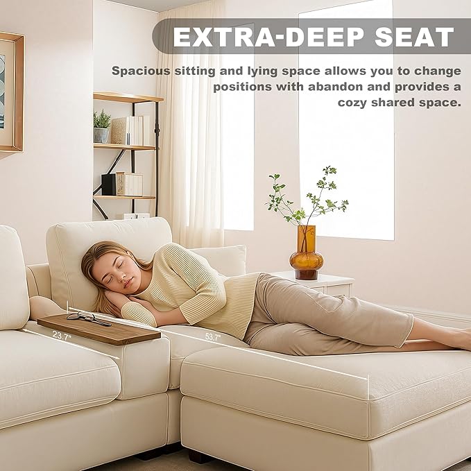 120.3" Modern L-Shaped Sectional Sofa with 360°Swivel Drop-Down Table, Storage Armrest, USB Ports & Movable Storage Ottoman – Plush Linen Cloud Couch for Lounge (Beige)-CasaMuseHome