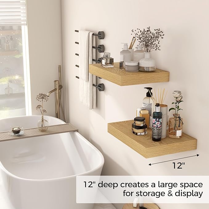 12 Inch Deep Floating Shelves, 16 x 12 Floating Shelf for Books, Rustic Wood Deep Wall Shelves for Home Storage & Display, 2" Thicked Shelves for Kitchen, Living Room, Bedroom, Oak Color, 2 Pack-CasaMuseHome
