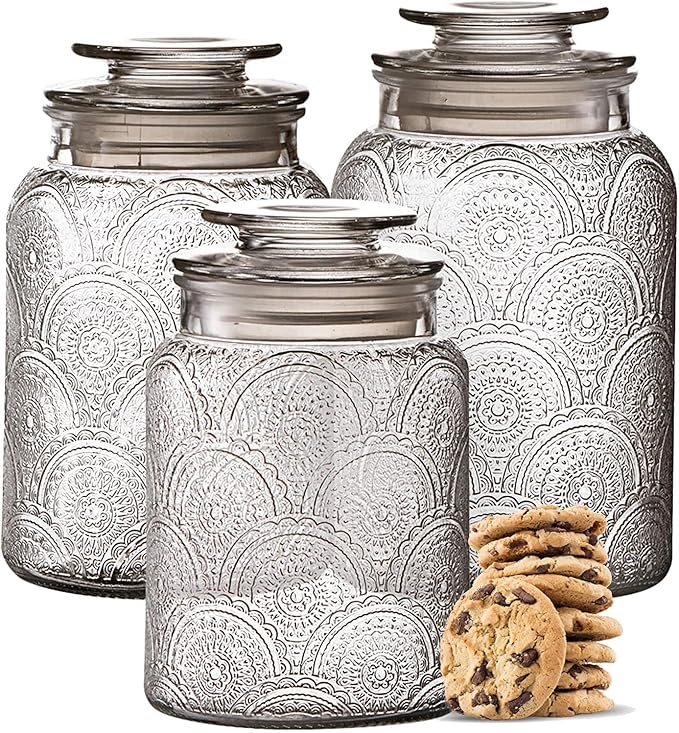 Le'raze Food Storage Containers with Airtight Lids - Retro Design - Pantry Organization, Glass Canisters Storage for Cookies, Tea, Sugar, Candy Jars, Sugar Packet, Set of 3-CasaMuseHome