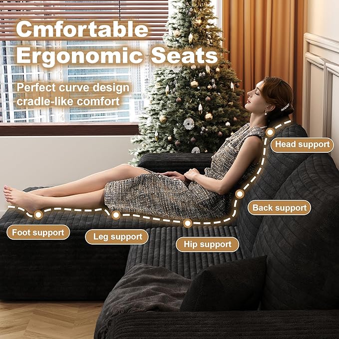 108" Sectional Couches for Living Room Modern Modular Sofa with L-Shape Couchs Upholstered Boneless Couch Deep Seat Sectional Couch with Chaise (Black, Left Facing Chaise+2Seaters)-CasaMuseHome