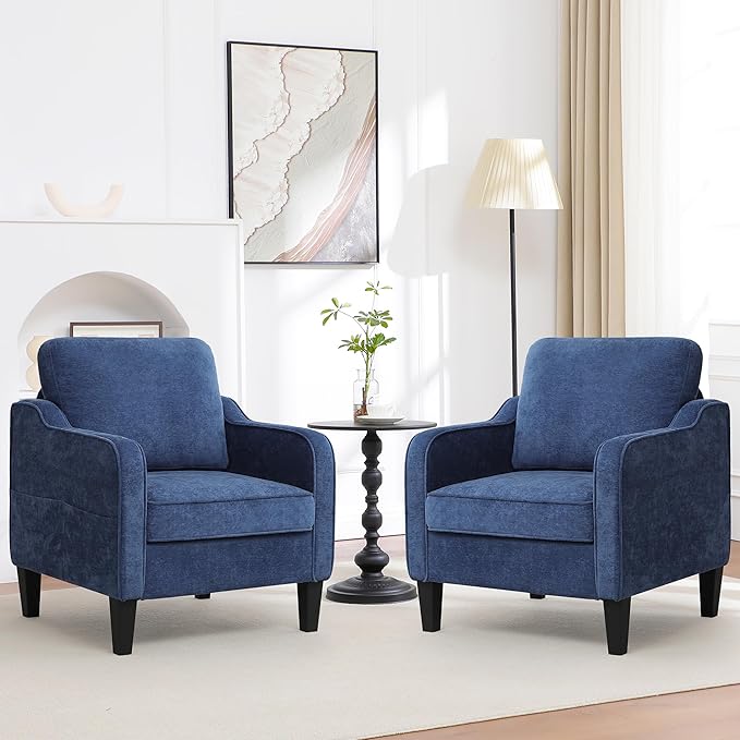 Accent Chair for Living Room, Mid Century Modern Reading Chair for Bedroom, Upholstered Armchair with Side Pockets, Comfy Single Sofa Side Chair for Office, Apartment, Small Room, Blue-CasaMuseHome