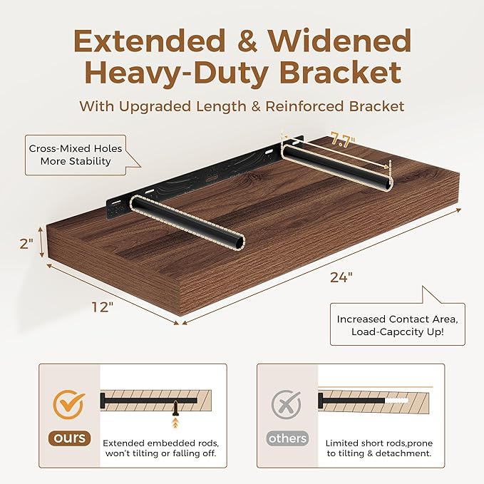 12 Inch Deep Floating Shelves, 24 x 12 Floating Shelf for Books, Rustic Wood Deep Wall Shelves for Home Storage & Display, 2" Thicked Shelves for Kitchen, Living Room, Bedroom, Walnut Color, 1 Pack-CasaMuseHome