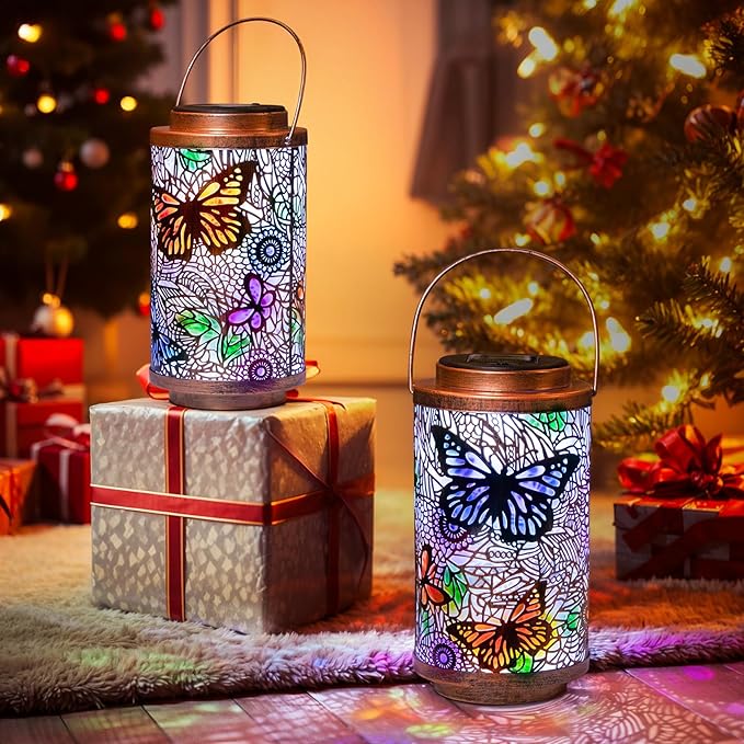 2Pack Solar Lanterns Outdoor Waterproof Colorful Butterfly Garden Gifts for Women, Multicolor Solar Outside Lights Patio Lantern for Yard, Backyard, Porch, Mothers Day Gifts for Mom Grandma Wife-CasaMuseHome