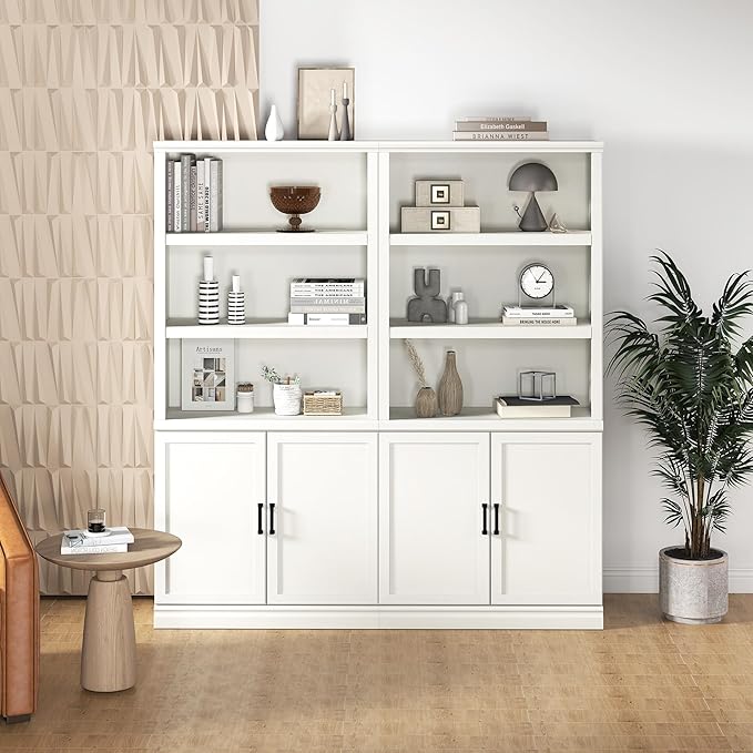 70 Inch Tall Bookcase with Doors, Library Office Bookshelf with Adjustable Shelves, Floor Standing Storage Cabinet for Bedroom Living Room Organizer with Anti Tipping Kit, Soft White Finish-CasaMuseHome