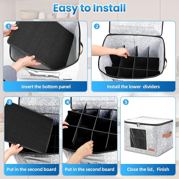 2-Layer Coffee Mug Storage Box with Dividers, Cup Storage Organizer with Zipper Lid and Handles, Stackable China Storage Containers Service for 24 Mugs, Cups and Glasses, Light Grey-CasaMuseHome