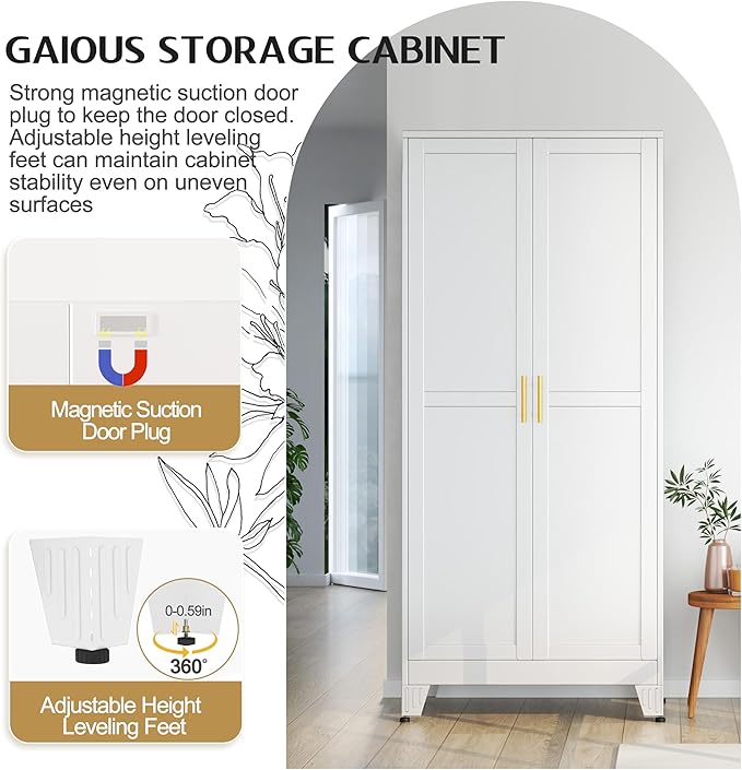 71" Tall Metal Storage Cabinet with 2 Doors and 4 Adjustable Shelves, Kitchen Pantry Cabinet White Freestanding Cupboard, 5 Tier Multifunctional Steel Storage for Office, Kitchen, Dining Room-CasaMuseHome