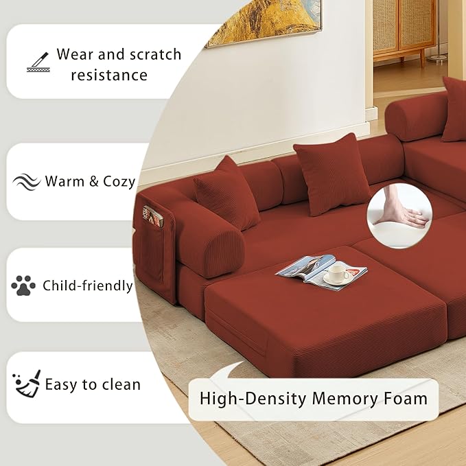 107" Oversized Convertible Sleeper Sofa Bed, Corduroy L Shape Sectional Couch, Folding Sofa Bed with Side Pocket, Modern Cloud Floor Mattress Couch, Modular Sofa for Living Room, Red-CasaMuseHome