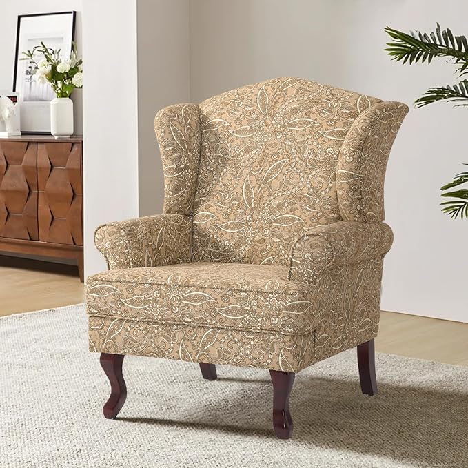 Accent Chair, High Back Upholstered Armchair with High Resilience Sponge & Wood Legs, Mid-Century Modern Comfy Single Sofa Reading Chairs for Living Room, Bedroom (Floral Light Brown, Set of 1)-CasaMuseHome