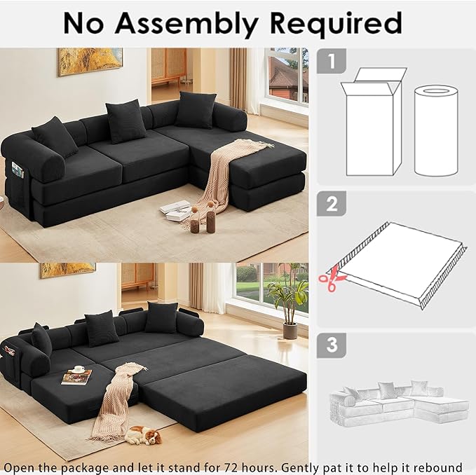 107" Oversized Convertible Sleeper Sofa Bed, Corduroy L Shape Sectional Couch, Folding Sofa Bed with Side Pocket, Modern Cloud Floor Mattress Couch, Modular Sofa for Living Room, Black-CasaMuseHome
