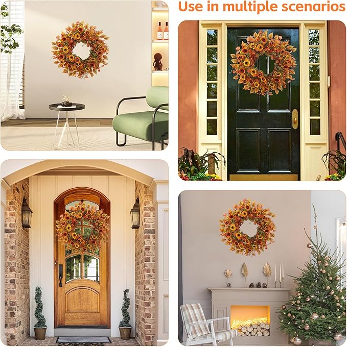 22 inch Artificial Fall Wreaths for Front Door,Autumn Wreath with Eucalyptus Leaves and Chrysanthemum Suitable for Indoor Outdoor Harvest Festival Thanksgiving Day Farmhouse Holiday Decor.-CasaMuseHome
