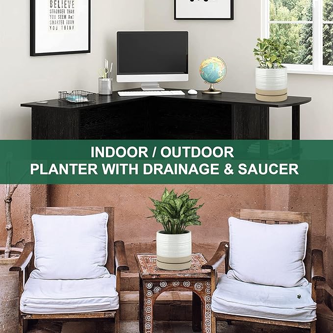 6 Inch Plant Pots, Ceramic Planter Pot with Drainage Hole & Saucer, Indoor/Outdoor Cylinder Round Planter Pot, White & Beige Glaze-CasaMuseHome