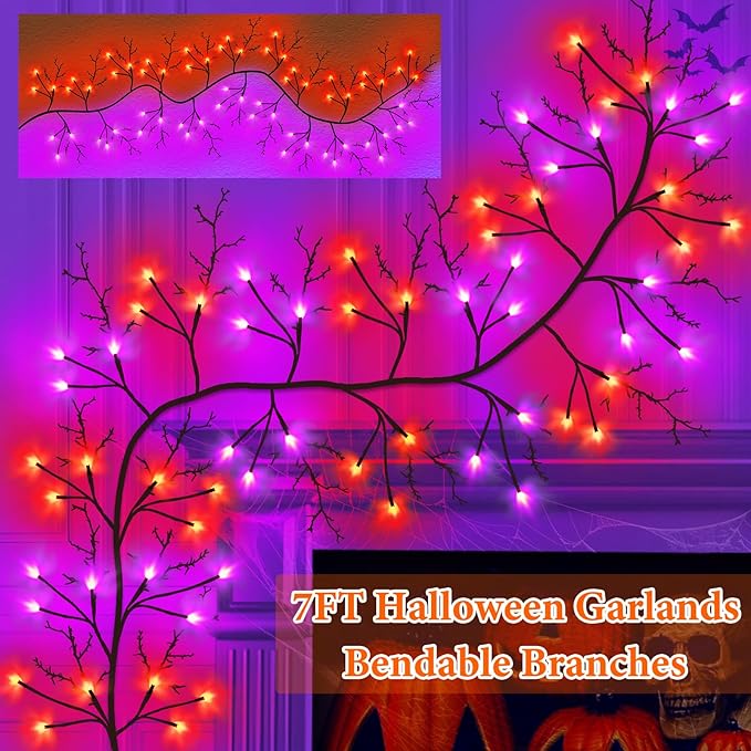 7 Ft Halloween Decorations Willow Vine Twig Garland with 8 Modes Timer 63 LED Orange Purple Lights, Halloween Garland with Waterproof Battery Operated for Wall Fireplace Decorations Indoor Outdoor-CasaMuseHome