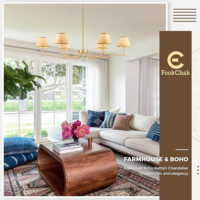 6 Light Boho Rattan Chandelier 44'' Brass Gold Chandelier Light Fixture Hand Woven Dining Room Chandeliers for Entryway Bedroom Living Room Bathroom-CasaMuseHome
