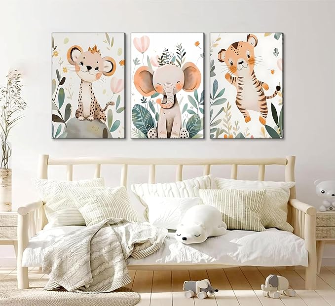 3 Pcs Safari Animals Nursery Canvas Wall Art Jungle Animals Cheetah Elephant Tiger Kids Room Illustration Pictures Wall Decor Posters Print Artwork for Classroom Boy's Girl's Room Bedroom-CasaMuseHome