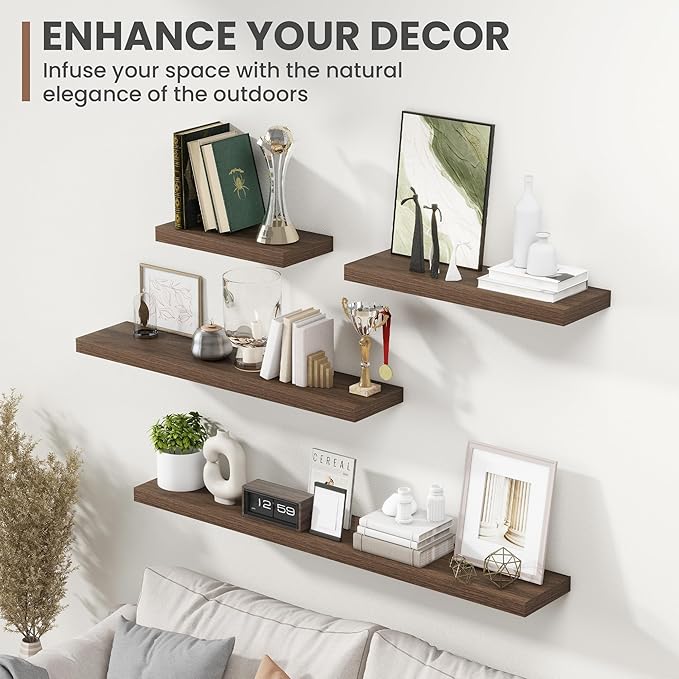 24 Inch Floating Shelves, 8 Inch Deep Floating Shelves for Wall, Hanging Shelf with Invisible Brackets, Deep Shelves for Bathroom, Bedroom, Living Room, Walnut, Set of 2-CasaMuseHome