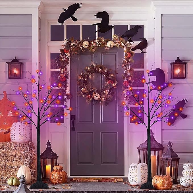 2Pack 4FT 100LED Black Halloween Tree Lights, Timer Function Halloween Trees with Purple and Orange Lights, Spooky Trees Light for Indoor Outdoor Halloween Decorations-CasaMuseHome