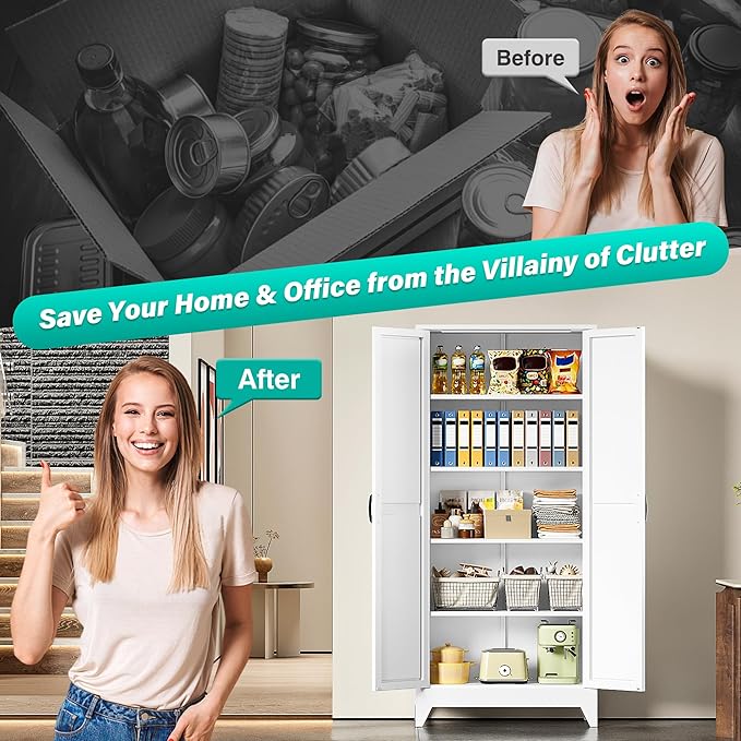 75" Tall Pantry Cabinet,Farmhouse Kitchen Pantry Storage Cabinets with 2 Doors and 5 Shelves,White Metal Storage Cabinet,Large Cupboard for Home,Kitchen,Dining/Living Room-CasaMuseHome