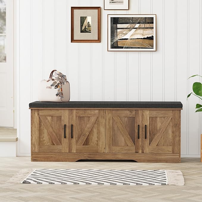 2-Tier Storage Bench, Shoe Bench with Padded Seat Cushion, Entryway Bench with 4 Barn Doors, Adjustable Shelf, 13.8" D x 47.2" W x 17.7" H, for Entryway, Living Room, Bedroom, Rustic Walnut-CasaMuseHome