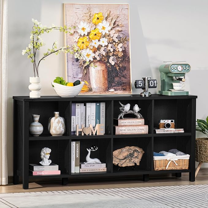 8 Cube Book Shelf, Farmhouse Wood Long Storage Organizer Bookcase, 62" Horizontal Black Console Closet Bookshelf, Hallway TV Stand for Entryway, Display Cabinet Book Case for Living Room-CasaMuseHome