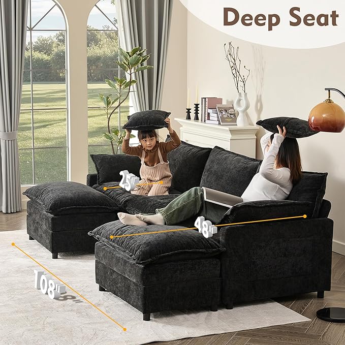 108" U Shaped Couch, Modular Sectional Sofa, 3-Seater Comfy Cloud Couch with Movable Ottoman, Deep Seat Couches for Living Room, Chenille, Black-CasaMuseHome