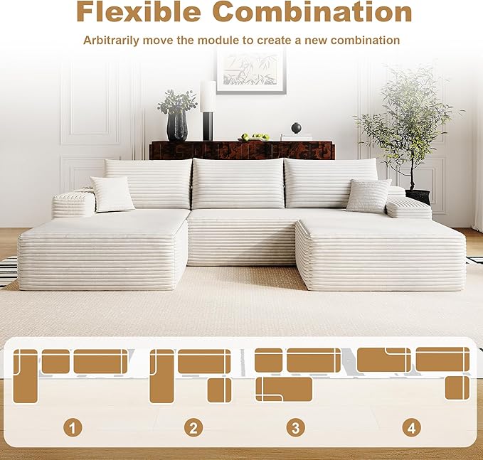 108" Sectional Couches for Living Room Modern Modular Sofa with L-Shape Couchs Upholstered Boneless Couch Deep Seat Sectional Couch with Chaise (White, Left Facing Chaise+2Seaters+1Ottoman)-CasaMuseHome