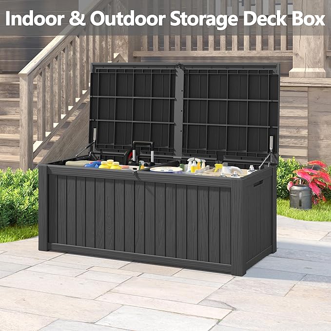 150 Gallon Resin Deck Box, Large Indoor and Outdoor Storage Box, Weatherproof and UV Resistant Outdoor Storage Box with Built-in Steel Beams for Patio, Cushions, Pool Supplies-CasaMuseHome