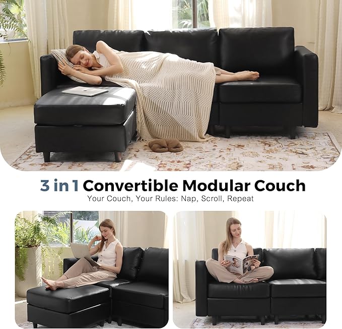 118.5" Faux Leather Modular Sectional Sofa, U Shaped Couch Set for Living Room, Large 8-Seater Comfy Cloud Couches with Storage Seat DIY Combination - Black-CasaMuseHome