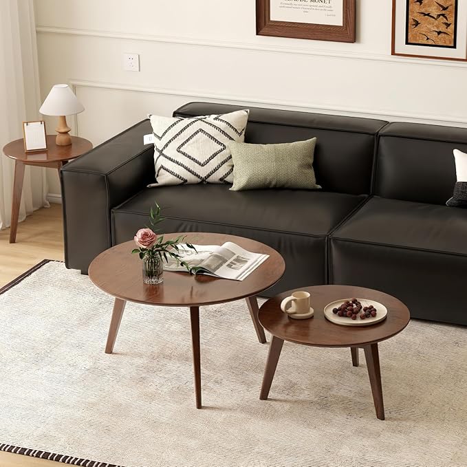 100% Solid Oak Wood Coffee Table Set, Round Coffee Table Combo Side Table w/Solid Wood Legs, Mid Century Table Sturdy Tables for Bedroom Balcony Living Room (Walnut, 3 Pieces)-CasaMuseHome