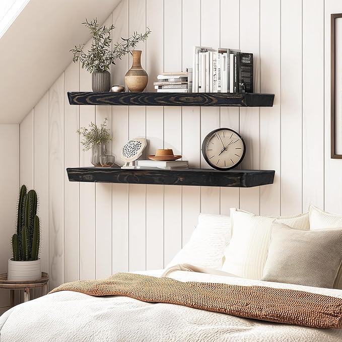 36"x6.8"x1.6" Slanted Floating Wall Shelves 2-Pack - Rustic Black Finish, Heavy-Duty Solid Wood Design with Hidden Brackets - Perfect for Living Room, Kitchen, Bathroom, or Office-CasaMuseHome