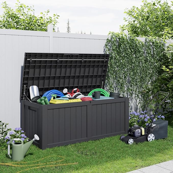 120 Gallon Resin Deck Box, Lockable Patio Outdoor Storage Box for Furniture, Garden Tools and Tools Storage, Waterproof Outside Storage Boxes - Black-CasaMuseHome