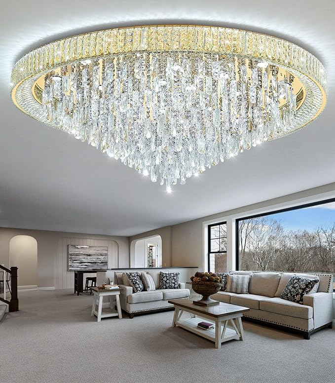 53.7'' Modern Crystal Big Large Chandeliers LED Dimmable Flush Mount Ceiling Chandeliers for Living Room High Ceiling Entrance Foyer Lobby Bedroom Gold-CasaMuseHome