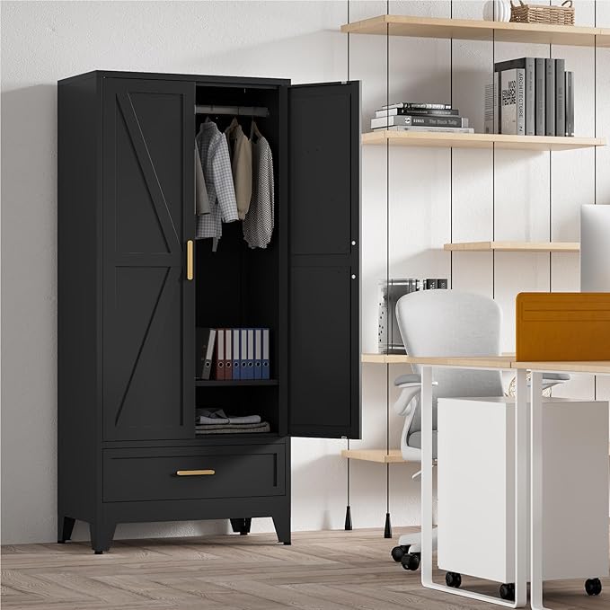 71'' Black Farmhouse Metal Wardrobe Cabinet with Hanging Rod, 2 Barn Door Wardrobe Closet with Adjustable Shelves,Drawer,for Dining Room,Bedroom,Living Room, Cloak Room,Office-CasaMuseHome
