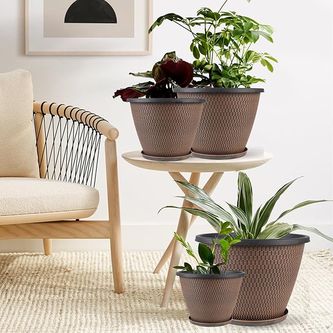 16 inch Plant Pots, Large Planters for Outdoor Plants Set of 4, Round Plastic Flower Pots with Drainage Holes & Trays, Modern Decorative Indoor Garden Pot, Plant Container for House (Black Copper)-CasaMuseHome