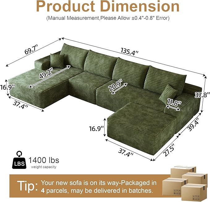 108" Sectional Couches for Living Room Modern Modular Sofa with L-Shape Couchs Upholstered Boneless Couch Deep Seat Sectional Couch with Chaise (Green, Left Facing Chaise+3Seaters+Ottoman)-CasaMuseHome