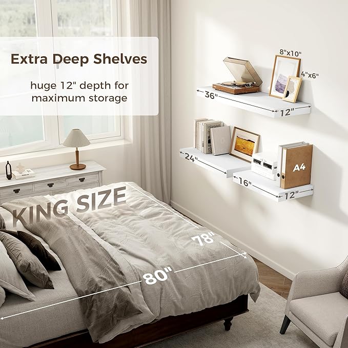 12 Inch Deep White Floating Shelves, 24 x 12 Floating Shelf for Books, Rustic Wood Deep Wall Shelves for Home Storage & Display, 2" Thicked Shelves for Kitchen, Living Room, Bedroom, 2 Pack-CasaMuseHome