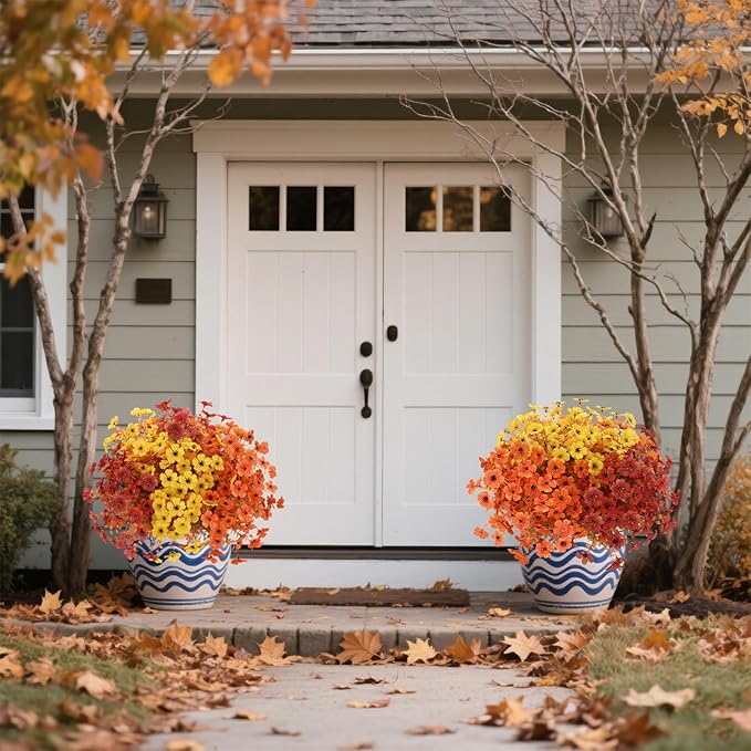 12 Bundles Artificial Fall Flowers Faux Mums for Outdoor Indoor, Artificial Plants Daisy Faux Plants Fake Mums for Fall Decor Pots Patio Garden Porch Autumn (Orange,Brown,Yellow) (12)-CasaMuseHome