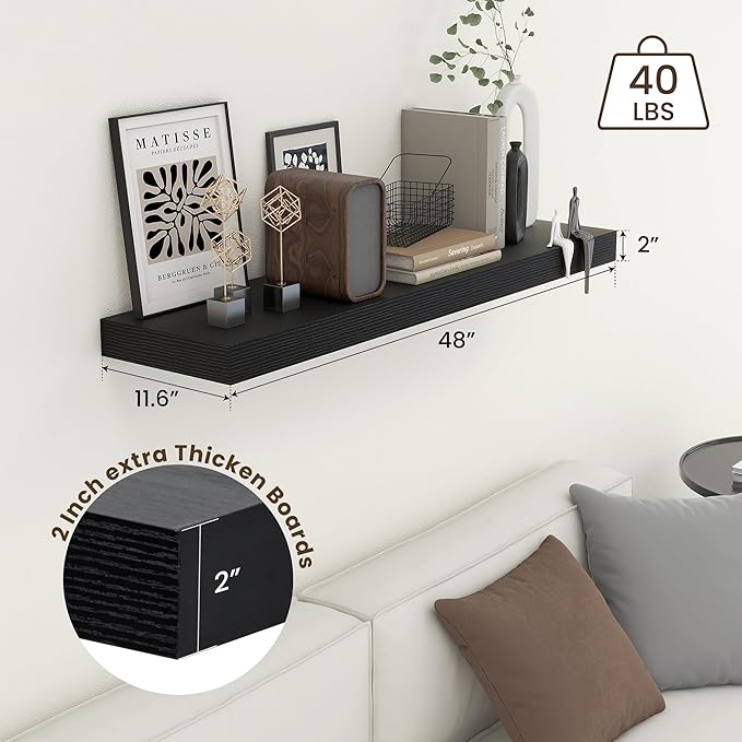 12'' Deep Floating Shelves, 48 Inch Large Floating Shelf Black, Deep Wall Shelves for Living Room Bathroom Laundry Room Bedroom Kitchen Home Office - Black-CasaMuseHome