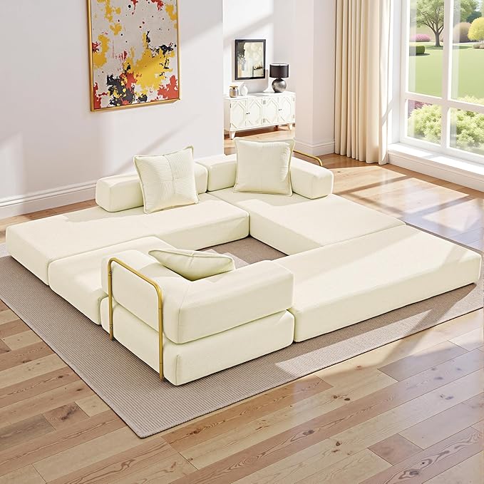 108" Oversized Convertible Sleeper Sofa Bed, Corduroy L Shape Sectional Couch, Folding Sofa Bed with Side Pocket, Modern Cloud Floor Mattress Couch, Modular Sofa for Living Room, Beige-CasaMuseHome