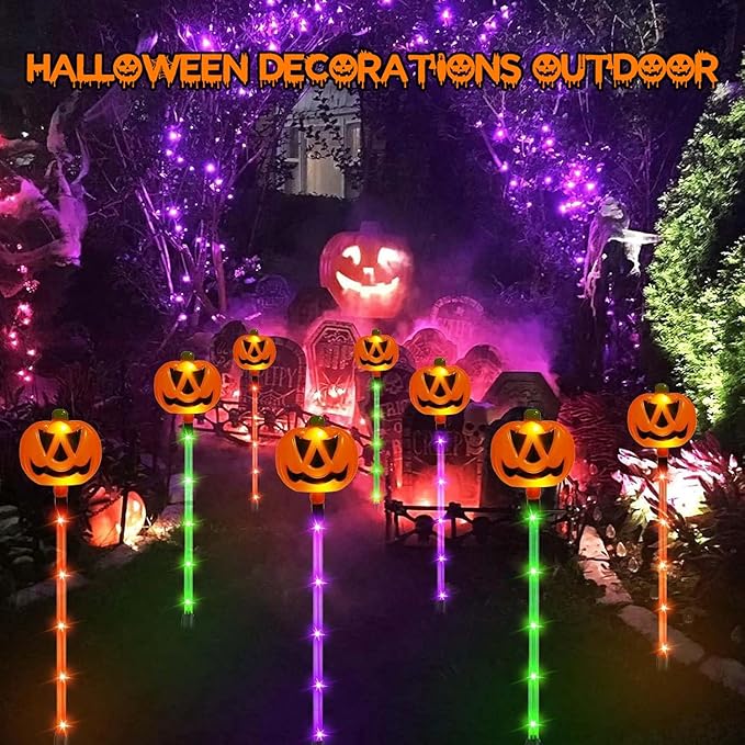 12 Pack Solar Pumpkin Lights for Halloween Decorations Outdoor, Waterproof Halloween Pathway Lights with 8 Modes, Orange Purple and Green Halloween Walkway Stake Lights for Yard Garden Party Decor-CasaMuseHome