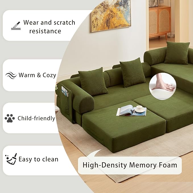 107" Oversized Convertible Sleeper Sofa Bed, Corduroy L Shape Sectional Couch, Folding Sofa Bed with Side Pocket, Modern Cloud Floor Mattress Couch, Modular Sofa for Living Room, Green-CasaMuseHome