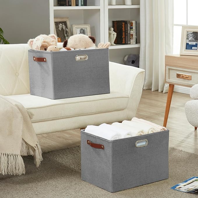 3-Pack Foldable Fabric Storage Bins with Durable PU & Metal Handles, Collapsible Storage Baskets for Shelves, Home Storage, Closet Organizers, Living Room(17"x11.8"x11.8", Grey)-CasaMuseHome