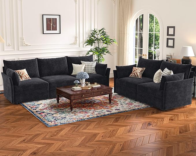 136.4" Oversized Modular Sectional Sofa, U Shaped Convertible Couch with Movable Ottoman, Large 7 Seat Corner Couches for Living Room Deep Seat Black Chenille-CasaMuseHome