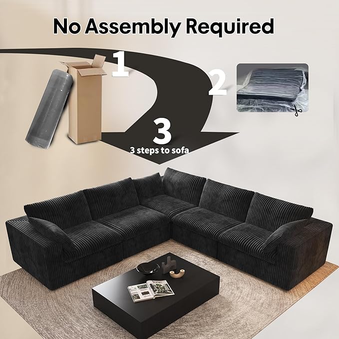118" V Shaped Corner Modern Sofa Modular Sectional Cloud Couch,Deep Seat Upholstered Couches with Plush Corduroy Fabric for Living Room Furniture,Bedroom and Apartment,No Assembly Required,Black-CasaMuseHome